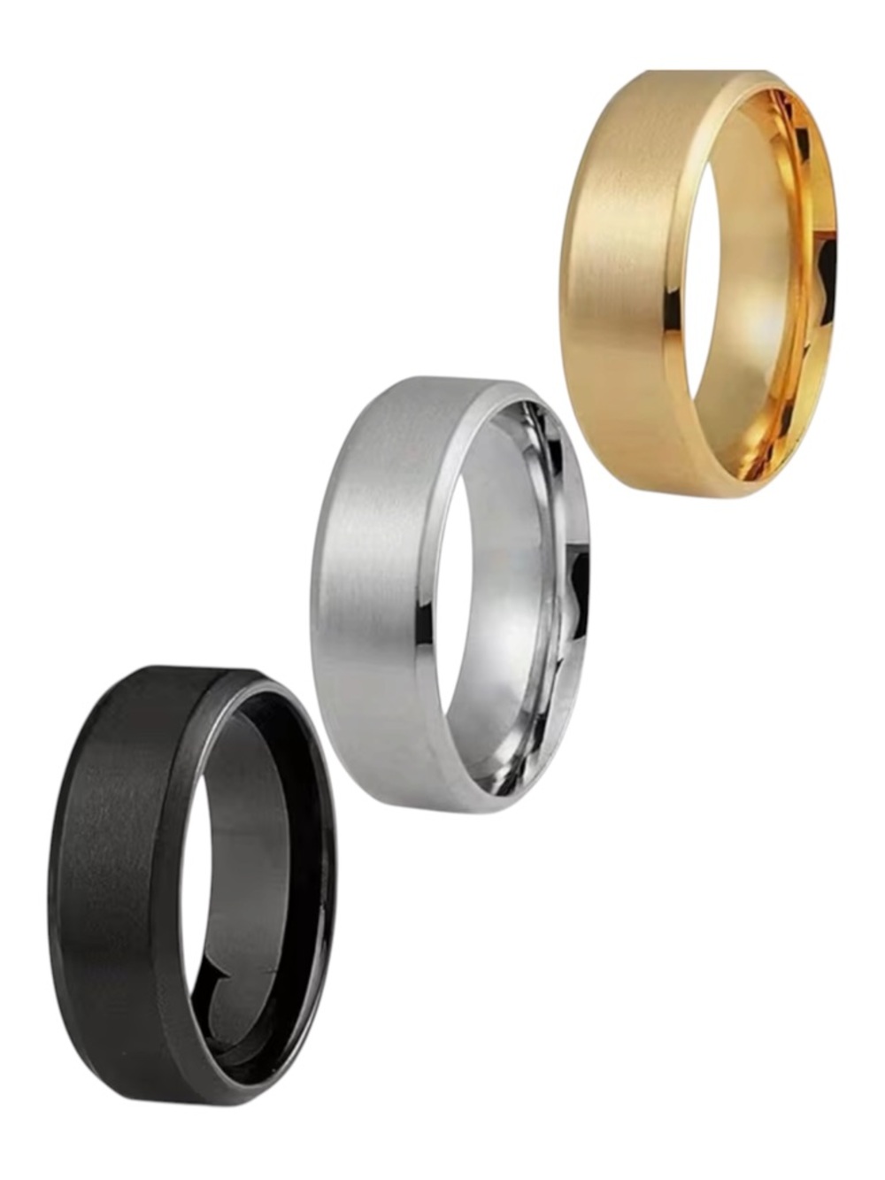 Size 12 Mens Brushed Wedding Bands 3 Rings in Black, Silver, Gold